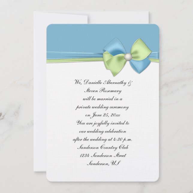 Dusk Blue und Green Ribbons und Bow Empfang nur Einladung (Vorderseite)