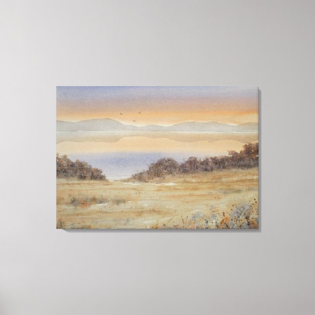 Dusk Lake Blush Wasserfarbe Landschaft Printmedien Leinwanddruck (Vorderseite)