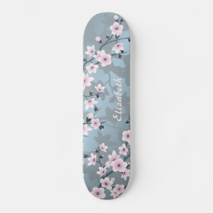 Dusk Pink Grayish Blue Cherry Blossom Monogramm Skateboard
