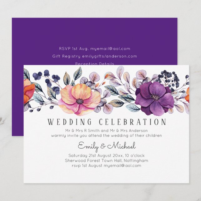 Dusk Till Dawn Lila Orange Floral Wedding Einladung (Vorne/Hinten)