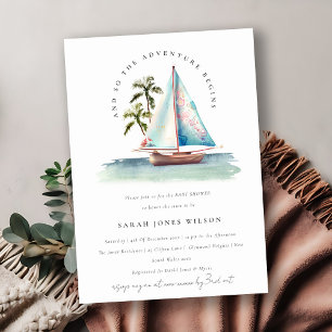 Dusky Aquamarin Sailboat Palm Seascape Babydusche Einladung