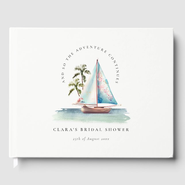 Dusky Aquamarin Sailboat Palm Seascape Brautparty Gästebuch (Vorderseite)