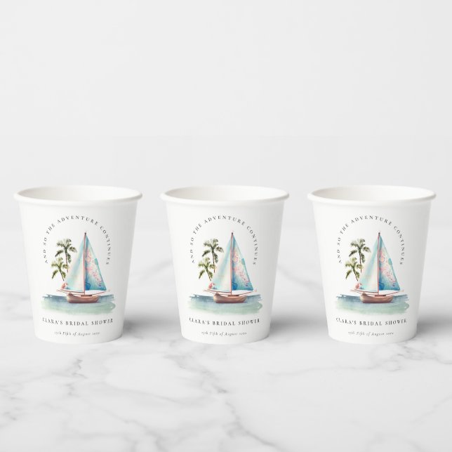 Dusky Aquamarin Sailboat Palm Seascape Brautparty Pappbecher (Multi)