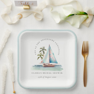 Dusky Aquamarin Sailboat Palm Seascape Brautparty Pappteller