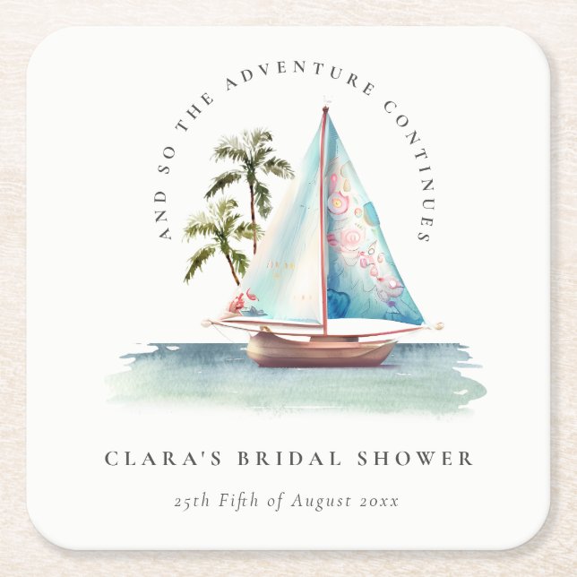 Dusky Aquamarin Sailboat Palm Seascape Brautparty Rechteckiger Pappuntersetzer (Vorderseite)