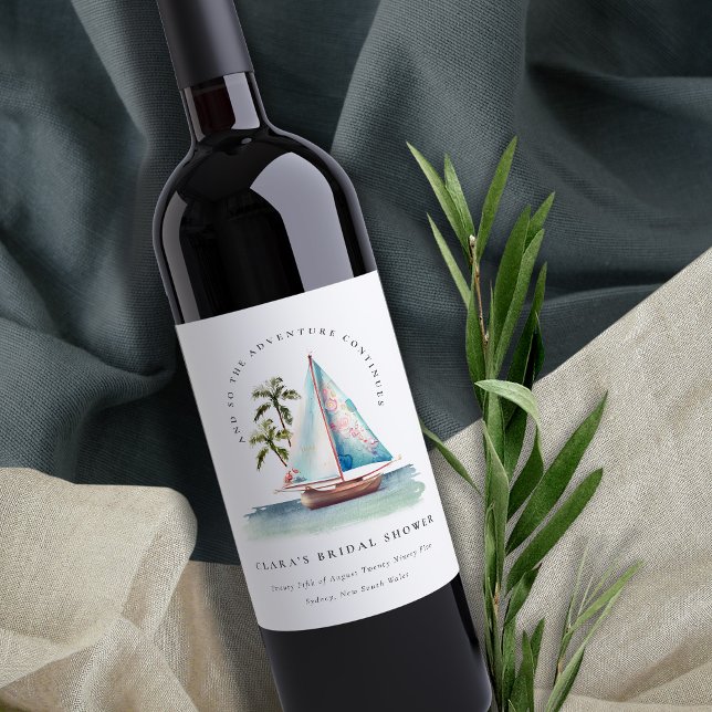 Dusky Aquamarin Sailboat Palm Seascape Brautparty Weinetikett (Von Creator hochgeladen)