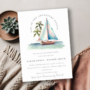 Dusky Aquamarin Sailboat Palm Seascape Paare Dusch Einladung