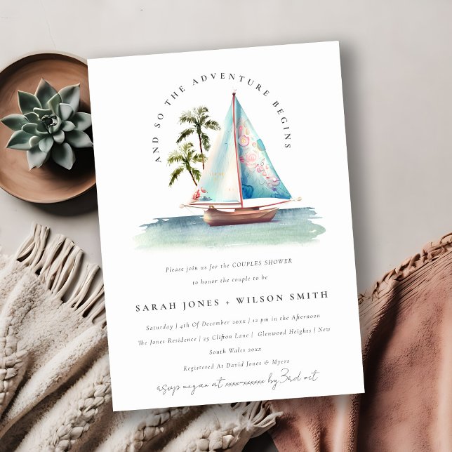 Dusky Aquamarin Sailboat Palm Seascape Paare Dusch Einladung (Von Creator hochgeladen)