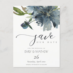 DUSKY BLAU GOLDENE BLUMEN AUSHANG WATERCOLOR ANKÜNDIGUNGSPOSTKARTE