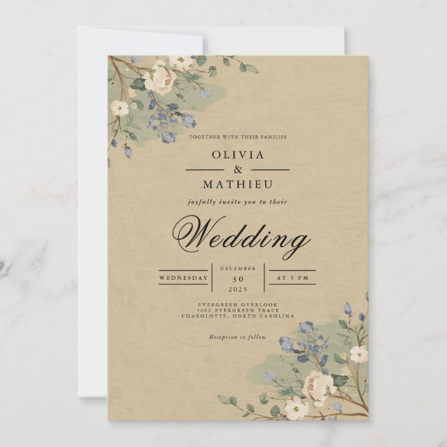 Dusky Blue Botanical Blüh Wedding Einladung (Vorderseite)