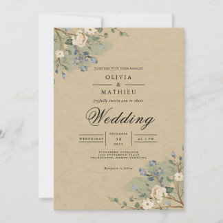 Dusky Blue Botanical Blüh Wedding Einladung