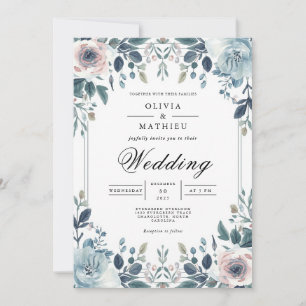 Dusky Blue Botanical Floral Wedding Einladung