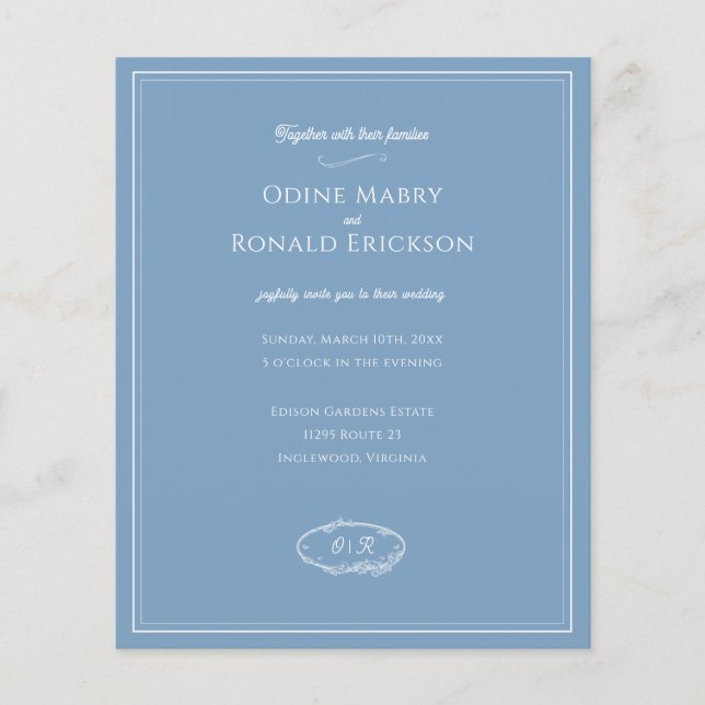 Dusky Blue Coastal Minimal Budget Hochzeit (Vorderseite)