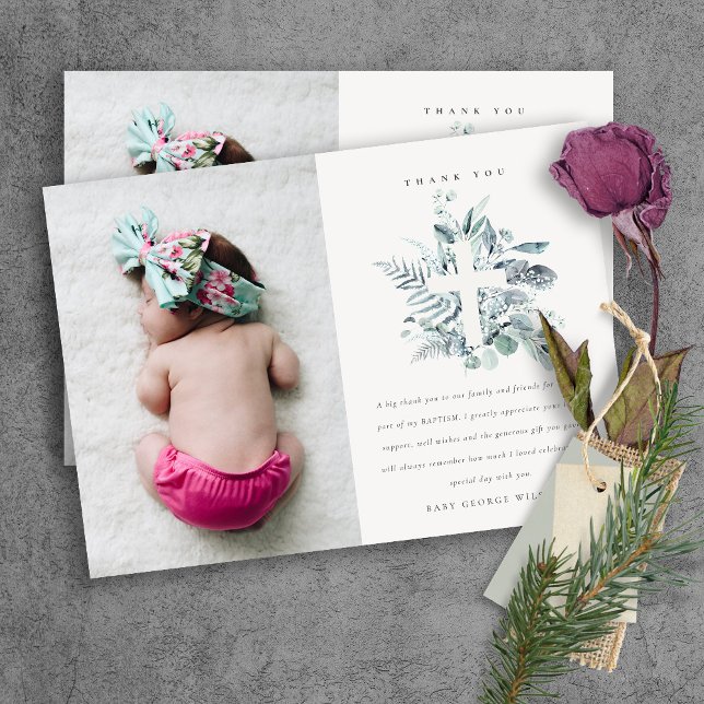 Dusky Blue Eucalyptus Fauna Cross Foto Taufe Dankeskarte (Von Creator hochgeladen)