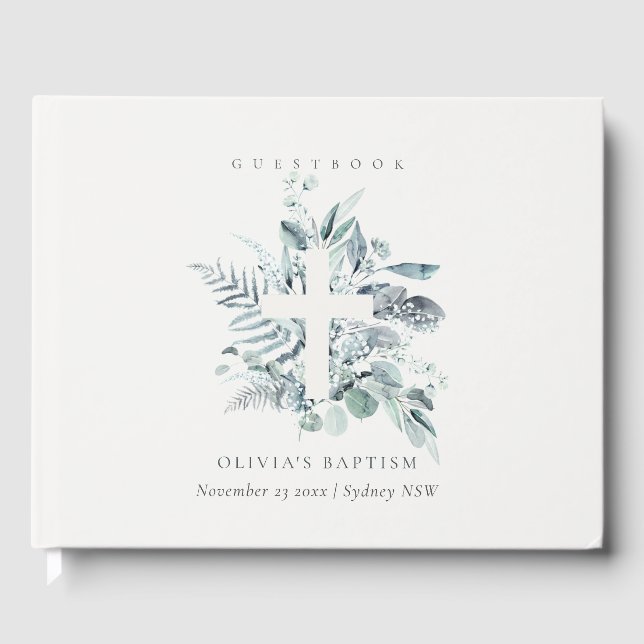 Dusky Blue Eucalyptus Fern Foliage Cross Baptisse Gästebuch (Vorderseite)