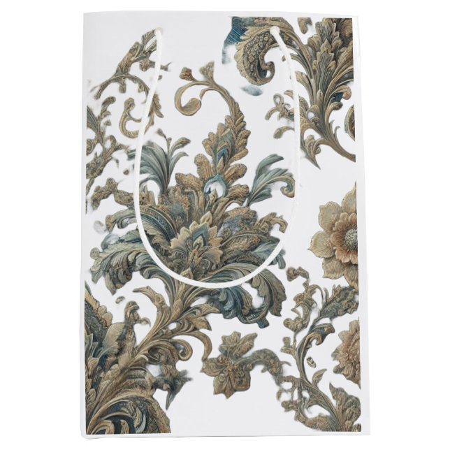 Dusky Blue Floral Brocade Muster Mittlere Geschenktüte (Vorderseite)