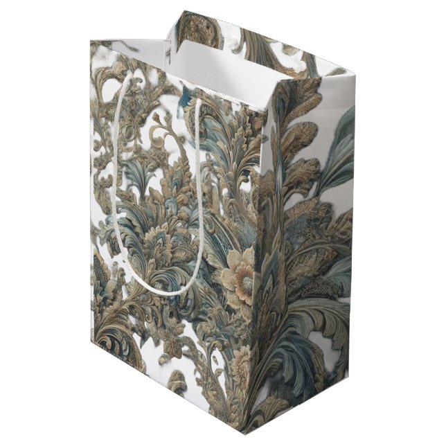 Dusky Blue Floral Brocade Muster Mittlere Geschenktüte (Rückseite Schrägansicht)