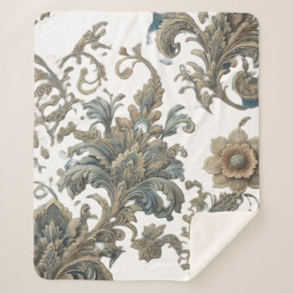 Dusky Blue Floral Brocade Muster Sherpa Blanket Sherpadecke