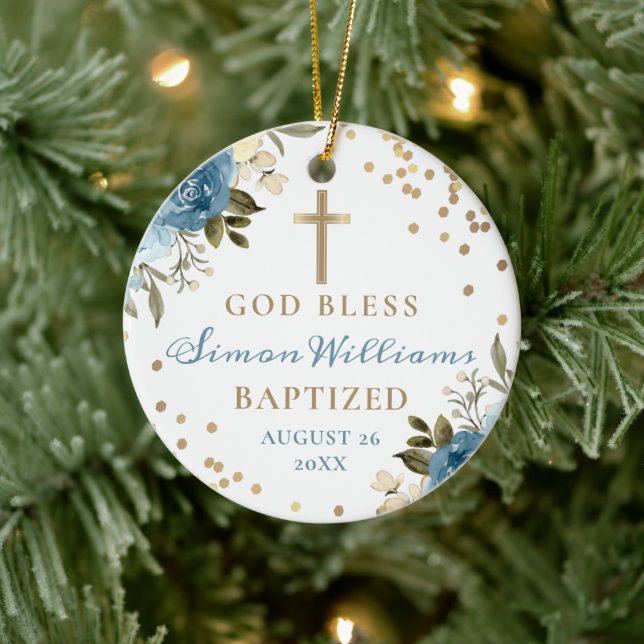 Dusky Blue Floral Gold Glitzer Taufe Foto Keramik Ornament (Baum)