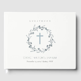Dusky Blue Floral Laurel Wreath Monogram Taufe Gästebuch