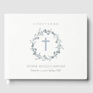 Dusky Blue Floral Laurel Wreath Monogram Taufe Gästebuch