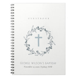 Dusky Blue Floral Laurel Wreath Monogramm Taufe G Notizblock