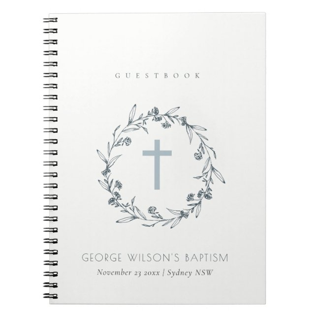 Dusky Blue Floral Laurel Wreath Monogramm Taufe G Notizblock (Vorderseite)
