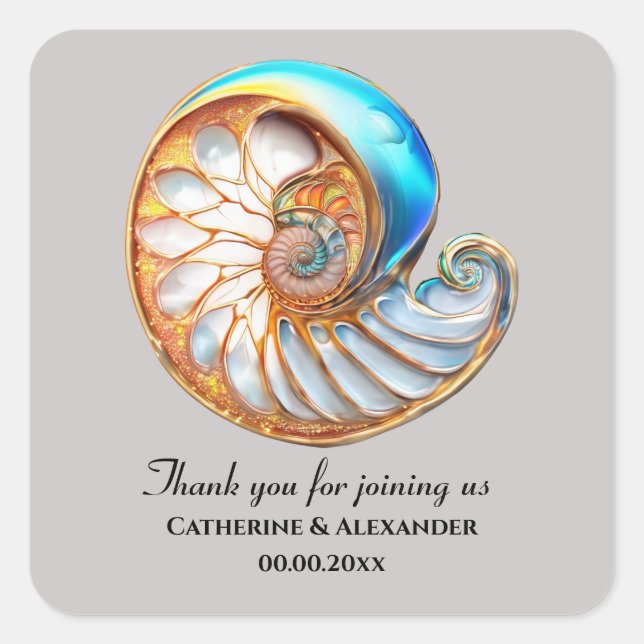 Dusky Blue Gold Conch Shell Thank You Quadratischer Aufkleber (Vorderseite)