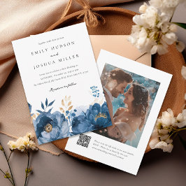 Dusky Blue Gold Floral QR Foto Wedding Einladung