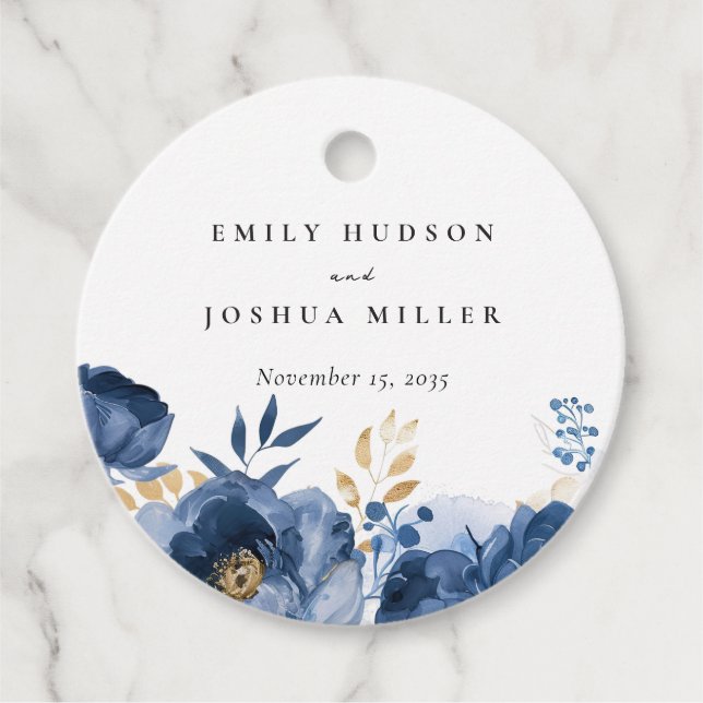 Dusky Blue Gold Floral Wedding Geschenkanhänger (Vorderseite)
