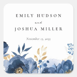 Dusky Blue Gold Floral Wedding Quadratischer Aufkleber