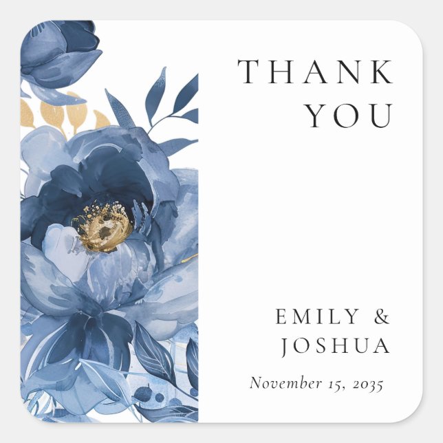 Dusky Blue Gold Floral Wedding Quadratischer Aufkleber (Vorderseite)