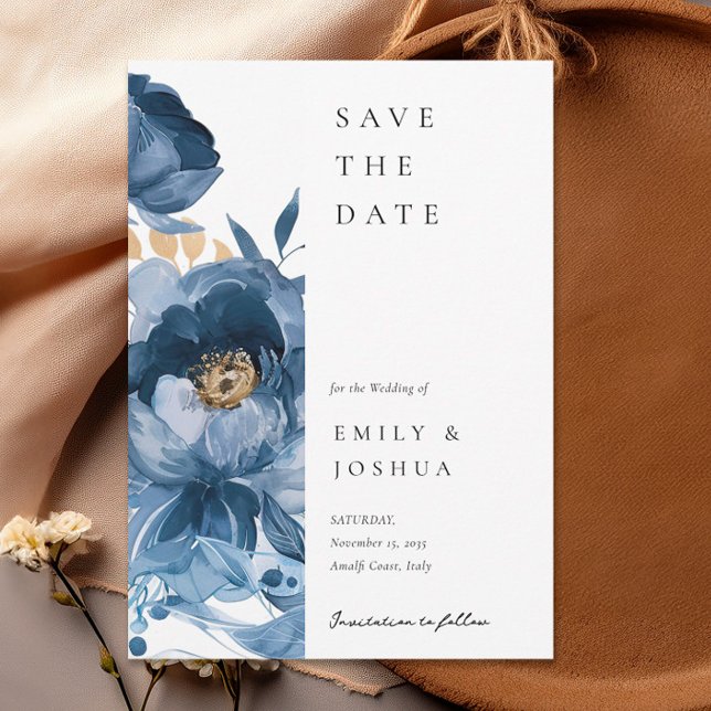 Dusky Blue Gold Floral Wedding Save The Date (Von Creator hochgeladen)