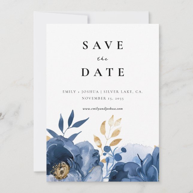 Dusky Blue Gold Floral Wedding Save The Date (Vorderseite)