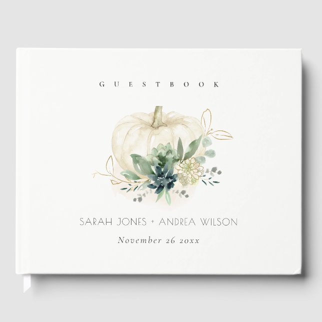 Dusky Blue Green Gold Succulent Pumpkin Wedding Gästebuch (Vorderseite)