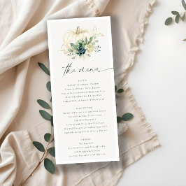 Dusky Blue Green Gold Succulent Pumpkin Wedding Menükarte