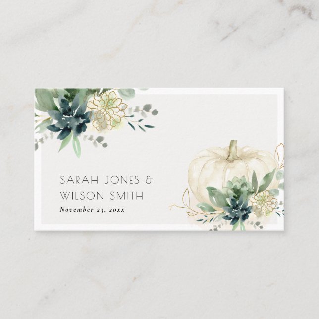 Dusky Blue Green Gold Succulent Pumpkin Wedding Platzkarte (Vorderseite)