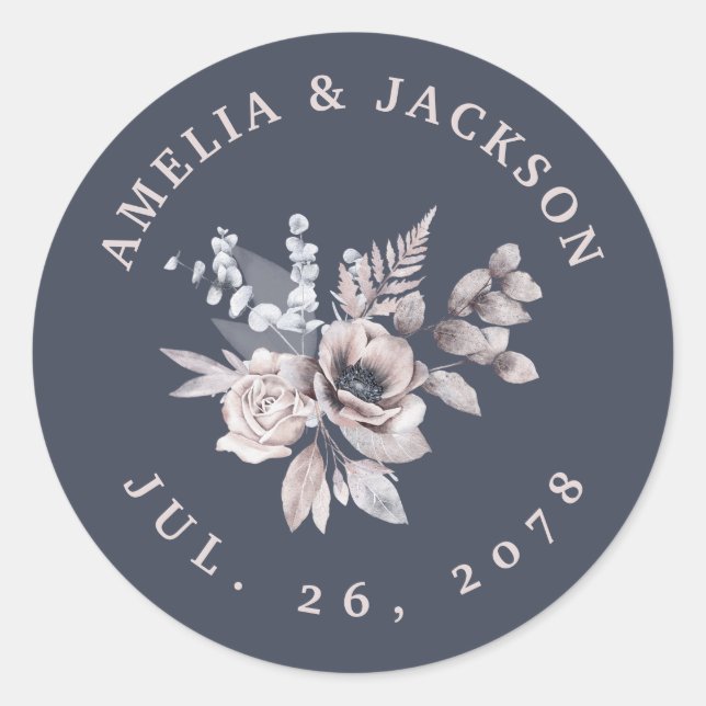 Dusky Blue Heather Lilac Beige Florals Einladung Runder Aufkleber (Vorderseite)