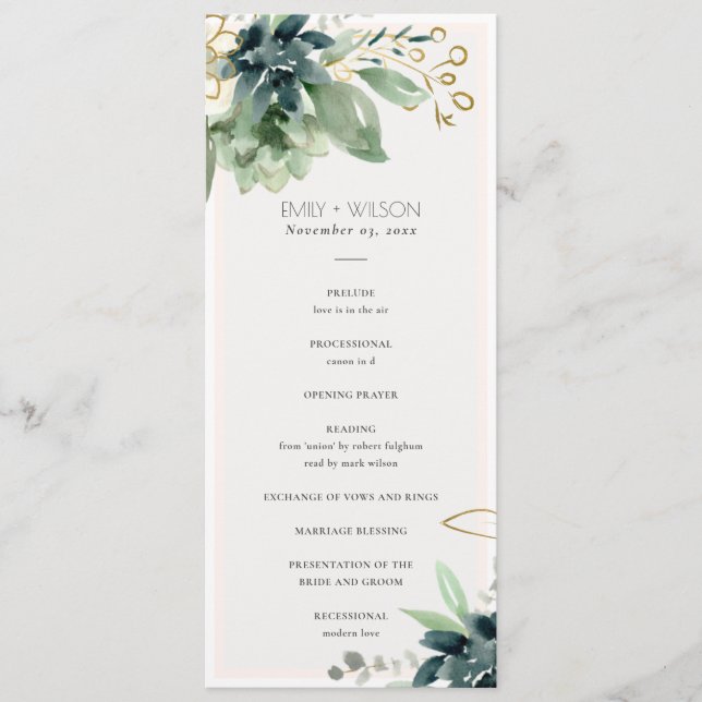 Dusky Blue Succulent Mariage Ceremony Programme (Devant)