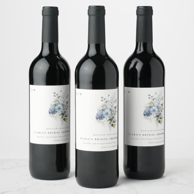 Dusky Blue Watercolor Hütte Brautparty Weinetikett (Flaschen)