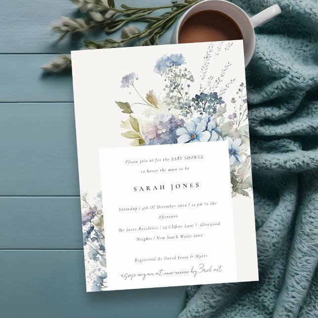 Dusky Blue Watercolor Hütte Floral Baby Dusche Einladung (Von Creator hochgeladen)