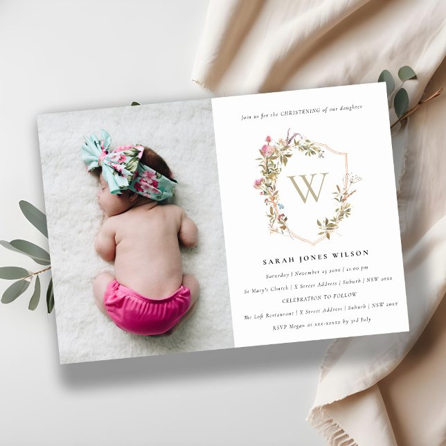 Dusky Blush Wildblume Wappen Foto Christening Einladung (Von Creator hochgeladen)