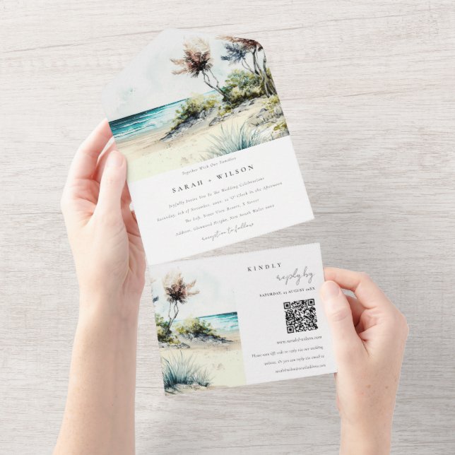 Dusky Coastal Palm Beach Seascape Hochzeitsstichta All In One Einladung (Abreißen)
