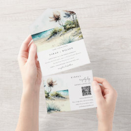 Dusky Coastal Palm Beach Seascape Hochzeitsstichta All In One Einladung