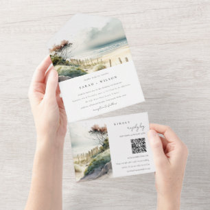 Dusky Coastal Sand Beach Seascape Hochzeit QR Code All In One Einladung