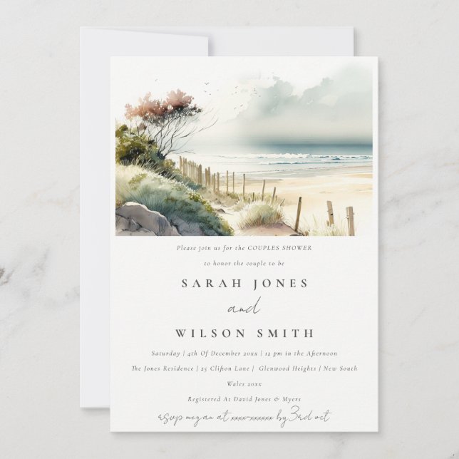Dusky Coastal Sand Beach Seascape Paare Dusche Einladung (Vorderseite)