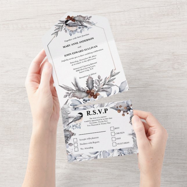 Dusky-Grauwald-Vögel Hochzeit All In One Einladung (Abreißen)