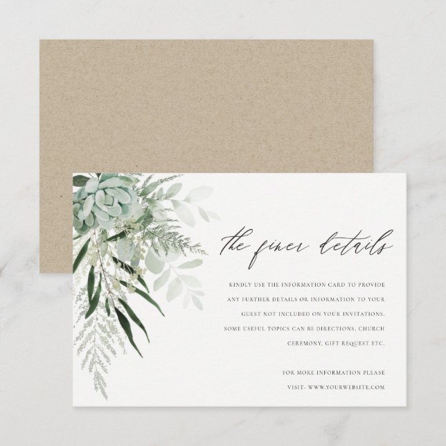 Dusky Green Leafy Fern Succulent Wedding Details Begleitkarte (Vorne/Hinten)