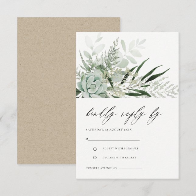Dusky Green Leafy Fern Succulent Wedding RSVP Begleitkarte (Vorne/Hinten)