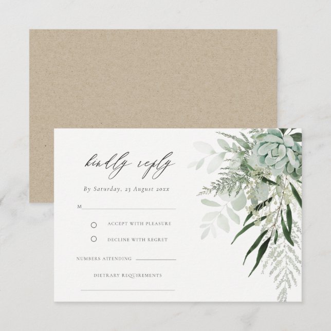Dusky Green Leafy Fern Succulent Wedding RSVP Diät Begleitkarte (Vorne/Hinten)